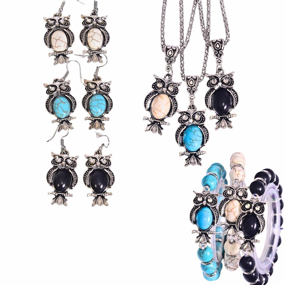 Turquoise Vintage Style Owl Earrings Bracelet Necklace Set Rhinestones - Picture 1 of 2